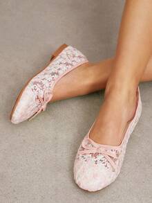 Solezae Ladies Flora Embroidery Ballet Flat Shoes With A Bow Decor - 粉色 - 查看 6