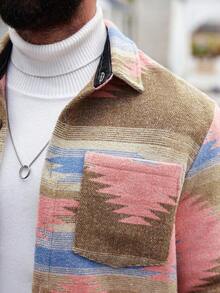 Manfinity Homme 男士几何图案长袖单排扣休闲口袋夹克，秋季 - 彩色 - 查看 4