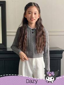 DAZY HELLO KITTY AND FRIENDS | SHEIN 少女卡通刺绣麻花针织圆领毛衣 - 灰色 - 查看 6