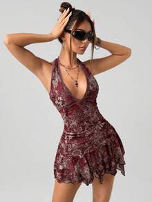 SHEIN ICON Halter Vintage Contrast Color Paisley Print Bodycon Ruched Asymmetric Hem Mini Dress,Dresses For Women Party - Burgundy - View 3