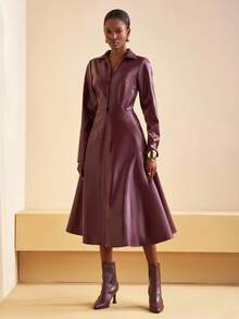 Zivah 2025秋季新品，适合生日派对，聚会，宴会，返校季，学院风，学生装，日常外出，基础百搭，休闲，邮轮旅行，潮流趋势，街头服饰，优雅，通勤，商务休闲，衬衫领，深V领长袖，A字腰，深紫红色PU，秋季中长连衣裙，女装 - 中紫紅色 - 查看 5