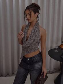 MUSERA 深V不对称下摆针织上衣，街头风可爱优雅休闲性感，适合秋季外出、假日、派对、春夏节日等场合。 - 棕色 - 查看 1