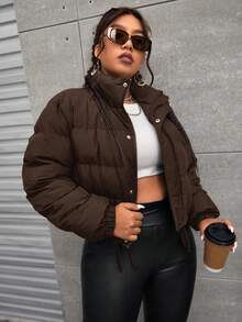 SHEIN EZwear 大码休闲抽绳下摆短款夹克，百搭秋冬 - 棕色 - 查看 3