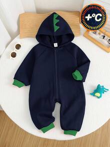 SHEIN 新生男婴可爱拼色针织恐龙连帽加厚连体衣，秋冬 - 藏蓝色 - 查看 7