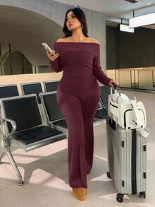 SHEIN EZwear Conjunto Casual Minimalista de 2 Peças com Ombros à Mostra e Canelado em Plus Size - Vinho - Visão 6