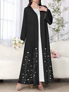 SHEIN Najma 女式花卉印花黑色长袖休闲阿拉伯长袍，春秋款