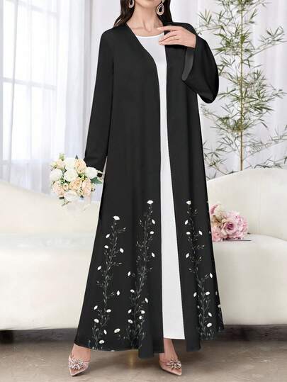 SHEIN Najma 女式花卉印花黑色长袖休闲阿拉伯长袍，春秋款