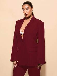 SHEIN BAE Women's Plus Size Elegant Black Slim Fit Long Sleeve Suit Jacket, Perfect For Going Out/Winter - Maroon - View 6