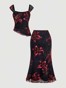 SHEIN MOD 女式花卉印花两件套：不对称下摆上衣和低腰鱼尾裙，带蝴蝶结装饰，复古 - 彩色 - 查看 2