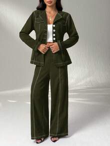 SHEIN PETITE 女式休闲纽扣长袖衬衫和宽松长裤套装秋冬女装 - 橄欖綠 - 查看 3