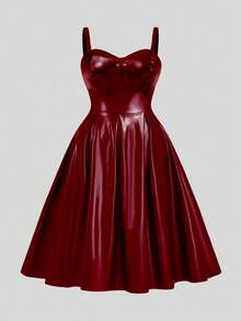Sweetra 加大码无袖可调节绑带 A 字形松紧腰连衣裙，适合冬季 PU 皮革女装 - 酒紅色 - 查看 3