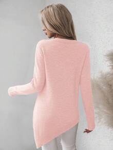 EMERY ROSE Women's Solid Color Round Neck Drop Shoulder Long Sleeve Split Hem Casual Versatile Knit Pullover Sweater - Pink - View 2