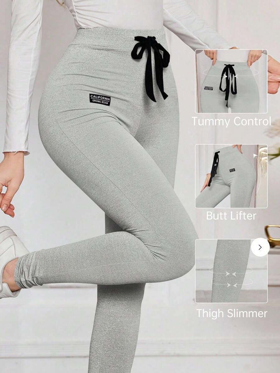 Modelyn Casual Simple Letter Printed Drawstring Waist Leggings Fall Cloth For Women - Grey - View 1