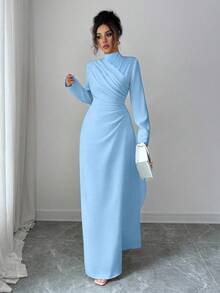 Firerie Robe longue élégante pour femmes, col rond, taille froncée, style A, manches longues, couleur unie, idéale pour le bureau, les déplacements, les vacances, les fêtes, le style rétro d'enseignante. Robe bleu clair, robe col montant, robe plissée style A, vêtements printemps automne hiver. Élégante, déplacements, rendez-vous, fête, mariage, remise de diplôme, soirée, tenue de travail, rentrée scolaire, fête annuelle, robe d'anniversaire pour femme