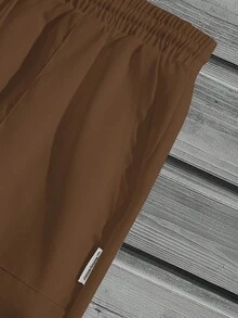 Manfinity Homme Plus Size Men's Casual Solid Color Drawstring Waist Shorts, Summer - Coffee Brown - View 4