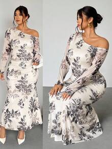 Firerie Plus Size Elegant Vacation/Party Ruched Open Shoulder Elastic Mesh Floral Print Fishtail Long Sleeve Dress For Women, Spring/Autumn - Multicolor - View 1