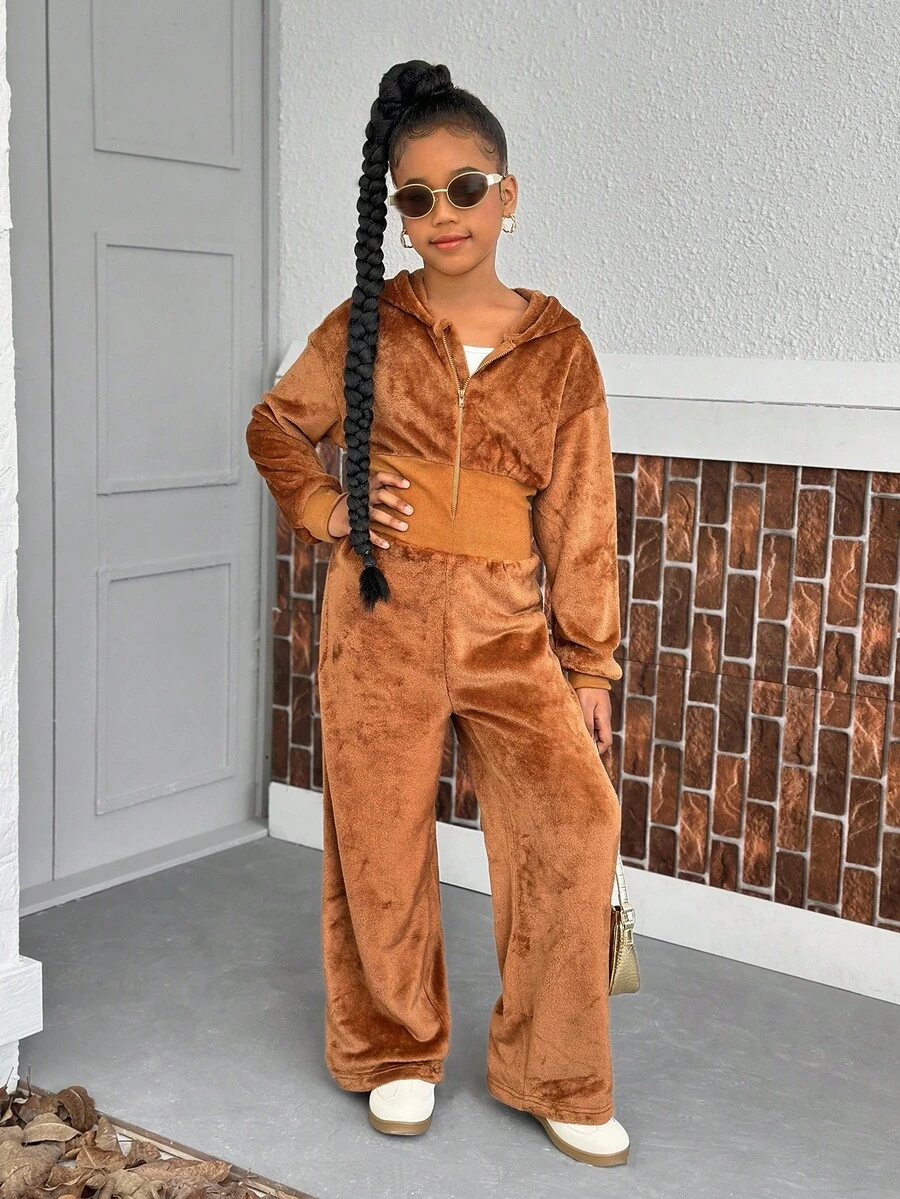 Áo nỉ thể thao có mũ trùm đầu màu đen có khóa kéo thường ngày cho bé gái và áo liền quần cạp cao chải kỹ, phù hợp mặc thường ngày vào mùa thu/đông - màu nâu - Xem 1