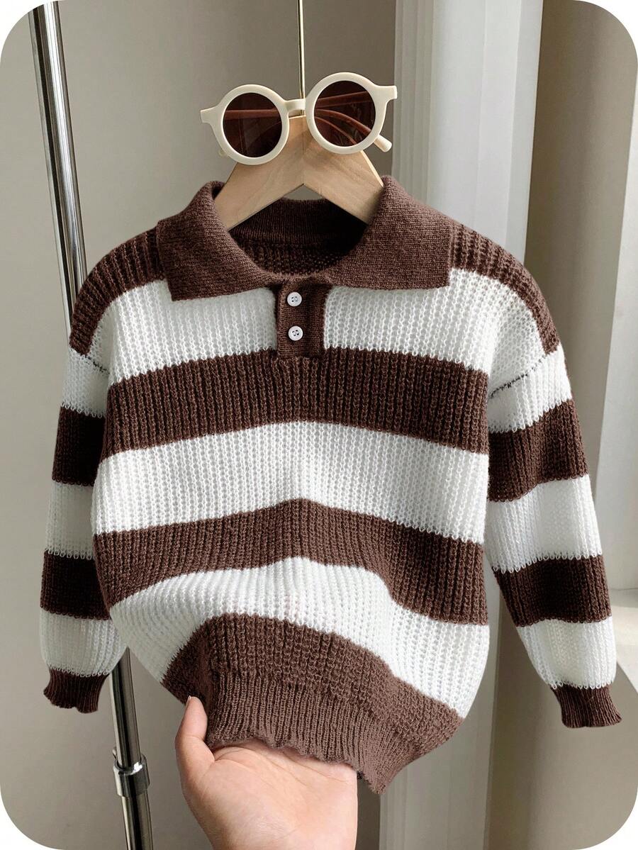 SHEIN 兒童小男孩休閒條紋冬季毛衣 1 件裝,柔軟寬鬆舒適百搭時尚套頭衫,適合返校季、秋季、日常與學校派對 - 棕色 - 查看 1