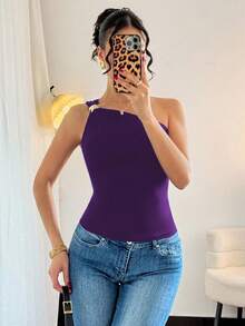 Rafferiza Women's Black Sexy Metallic Pleated Sleeveless Top - Purple - View 8