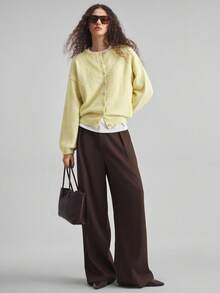 Ontre 女式休闲纯色纽扣前开衫，秋季 - 黃色 - 查看 3