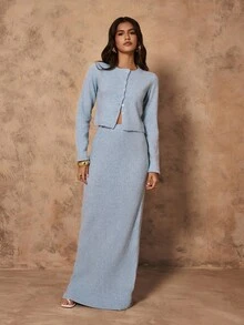 Almamuse New Autumn French Elegant Lady Elegant Versatile Blue Knitted Women Sweater 2 Pieces Set - Blue - View 5