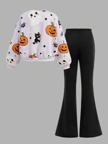 SHEIN Girlism 青少年女孩休闲宽松圆领卡通花朵图案套头长袖运动衫和喇叭裤两件套服装套装，适合秋冬日常穿着 - 淡紫色 - 查看 2