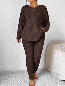 SHEIN Frenchy Plus Size Women's Solid Color Round Neck Drop Shoulder Long Sleeve Ribbed T-Shirt And Pants Casual 2-Piece Set/Winter Brown Set Women Two Piece Set Women Comfy Comfortable Two Piece Set