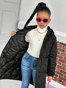 SHEIN Abrigo acolchado largo y cálido con patrón de diamantes básico informal para niñas preadolescentes, adecuado para otoño/invierno