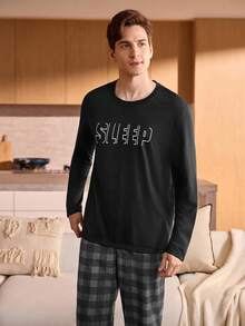 Manfinity Underwear&Sleepwear Basics Camiseta de manga larga negra con gráfico "SLEEP" suave y cómoda para hombres, para otoño e invierno - Negro - Ver 4