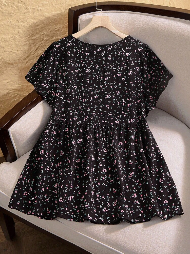 Plus Size Women's Ditsy Floral Round Neck Short Sleeve Casual Shirt,Summer For Women,Vacation For Women,Holiday Boho,Autumn,Fall Fall,Teacher For Women,Flower/Spring