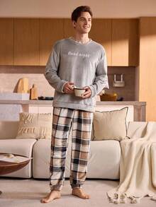 Manfinity Underwear&Sleepwear Basics 两件套圆领字母刺绣长袖上衣和格子裤法兰绒男士蓬松睡衣套装（灰色格子，柔软舒适家居服），秋冬服装，舒适保暖