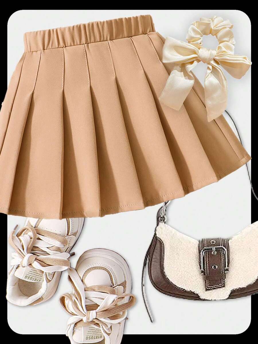 SHEIN Young Girl Solid Pleated Skirt, School, Campus, College - Khaki - View 1