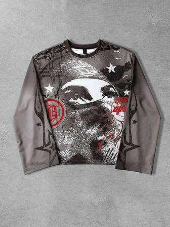 Street Life Camiseta de manga larga con cuello redondo con gráfico de retrato y letra de hombre, otoño