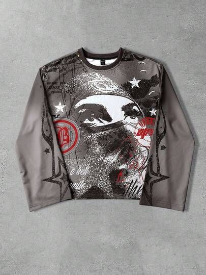 Street Life Camiseta de manga larga con cuello redondo con gráfico de retrato y letra de hombre, otoño