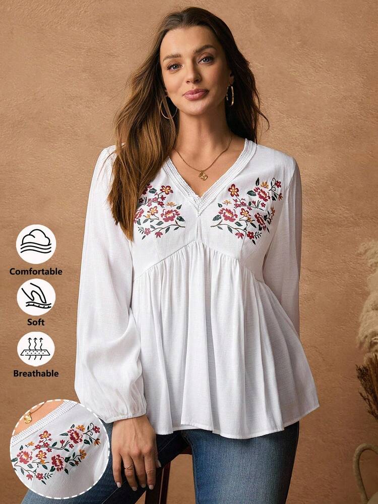 Plus Size Floral Placement Print V-Neck Casual Long Sleeve Shirt V Neck Blouses For Women White Embroidered Blouse, Autumn/Winter,2025 New