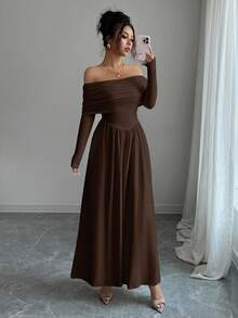 Elenzga Vestido de manga larga con hombros descubiertos y pliegues de unicolor para mujer