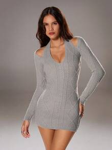 SHEIN TRNDY 1 件女士毛衣裙，灰色，独特 V 领绞花设计，镂空肩部，休闲，秋冬 - 淺灰色 - 查看 5