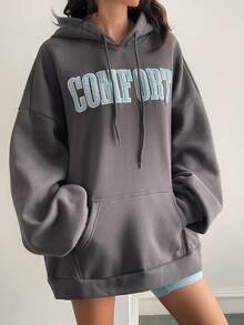 Livesso Damen Herbst/Winter Kapuzen-Sweatshirt mit Buchstaben-Stickerei, Oversized Passform, Langarm, Lässig mit Kordelzug