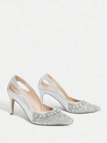 CUCCOO TILAWA Fashionable Sexy Pointed Toe Thin High Heel Hollow Out Rhinestone Glamorous Party Silver Women High Heel Pumps For Christmas - Silver - View 8