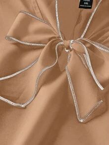 SHEIN Clasi 大码女式领结设计纯色长袖时尚办公室衬衫 - 棕色 - 查看 4