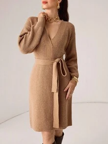 Modelyn Vestido de punto de manga larga con cuello en V y hombros caídos, unicolor, para otoño/invierno - Albaricoque - Ver 1