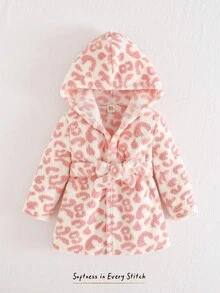 Cozy Pixies Baby Girl Leopard Print Round Neck Long Sleeve Tie Plush Robe, Versatile & Comfortable Plush Robe, Bathrobe, Moisture-Wicking Warm Sleepwear, Comfortable & Versatile Casual Basic Style, Suitable For Autumn/Winter Indoor, Outdoor Leisure, Skiing, Back To School, Daily Wear, Sports, Play, Party, Festival, Halloween, Christmas, New Year, Valentine's Day - Multicolor - View 3