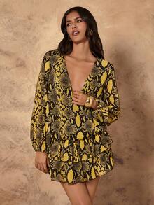 Chiquease Fashionable Sexy Snake Skin Print Ruffle Hem Mini Dress - Multicolor - View 4