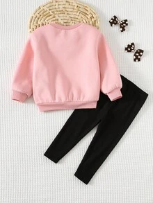 Cozy Pixies Conjunto de 2 piezas de sudadera de cuello redondo de manga larga con decoración de mariposa tejida y leggings de cintura elástica para niña bebé - Rosa - Ver 2