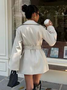 SHEIN EZwear Women's Fashionable & Elegant Double-Breasted Belted Trench Coat French Style Clothes Women Trench Coat Trench Coat Women In Fall/Winter,Cozy Fall And Winter Clothes For Women - Grey - View 2