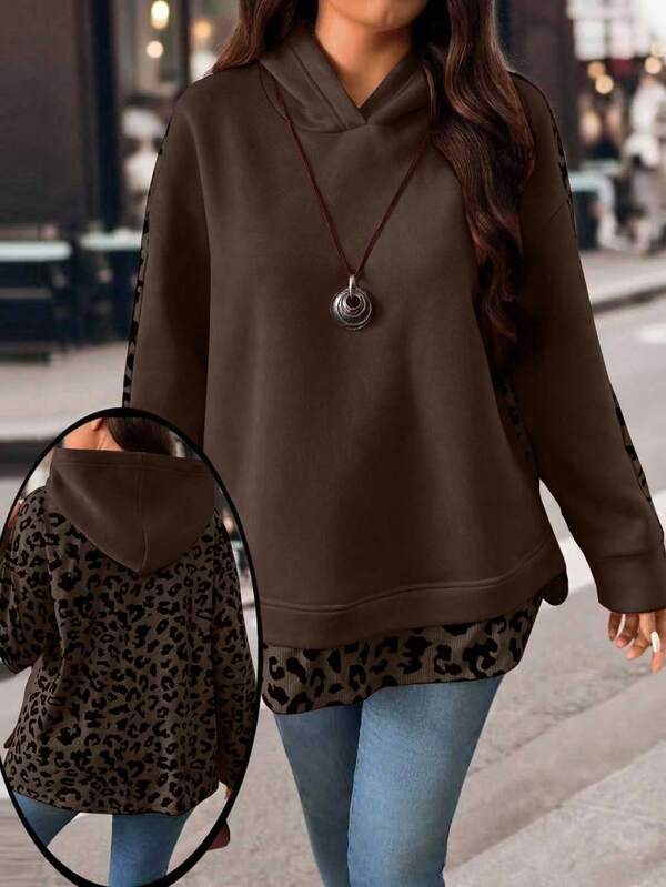 EMERY ROSE Plus Size Women Leopard Patchwork Long Sleeve Fleece Sweatshirt, Casual & Stylish Outerwear