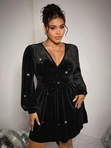 SHEIN EZwear 大码优雅天鹅绒泡泡袖连衣裙 - 黑色 - 查看 3