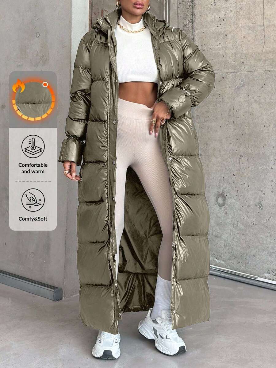 SHEIN Cottnline Women's Unique Design Drawstring Sleeve Padded Warm Puffer Long Down Coat - Mocha Brown - View 1