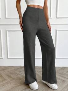 SHEIN Women's Rib Knitted Straight High Waist Knit Pant - Dark Grey - View 5