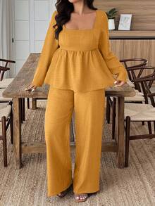 EMERY ROSE 大码女式纯色方领长袖荷叶边下摆衬衫和阔腿裤休闲两件套 - 芥末黃 - 查看 3